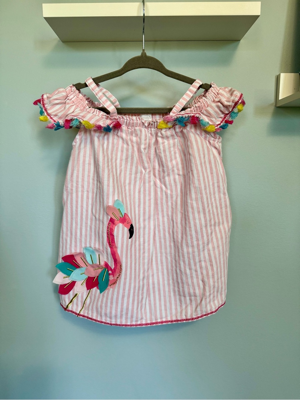 Mud Pie Girls Pink Stripe Off-Shoulder Flamingo Top, Size 24 months
